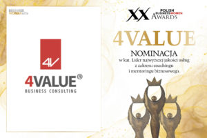 Nominacja w kategorii "Lider jakości usług z zakresu coachingu i mentoringu biznesowego" dla 4VALUE, przyznana przez BusinessWoman&life
